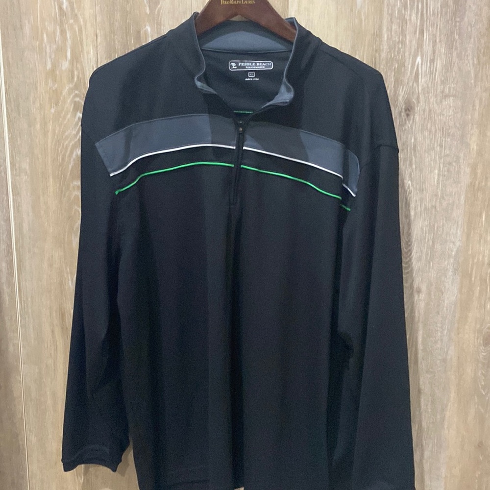 Pebble Beach performance 1/4 zip. Black with gray, green and white stripe.